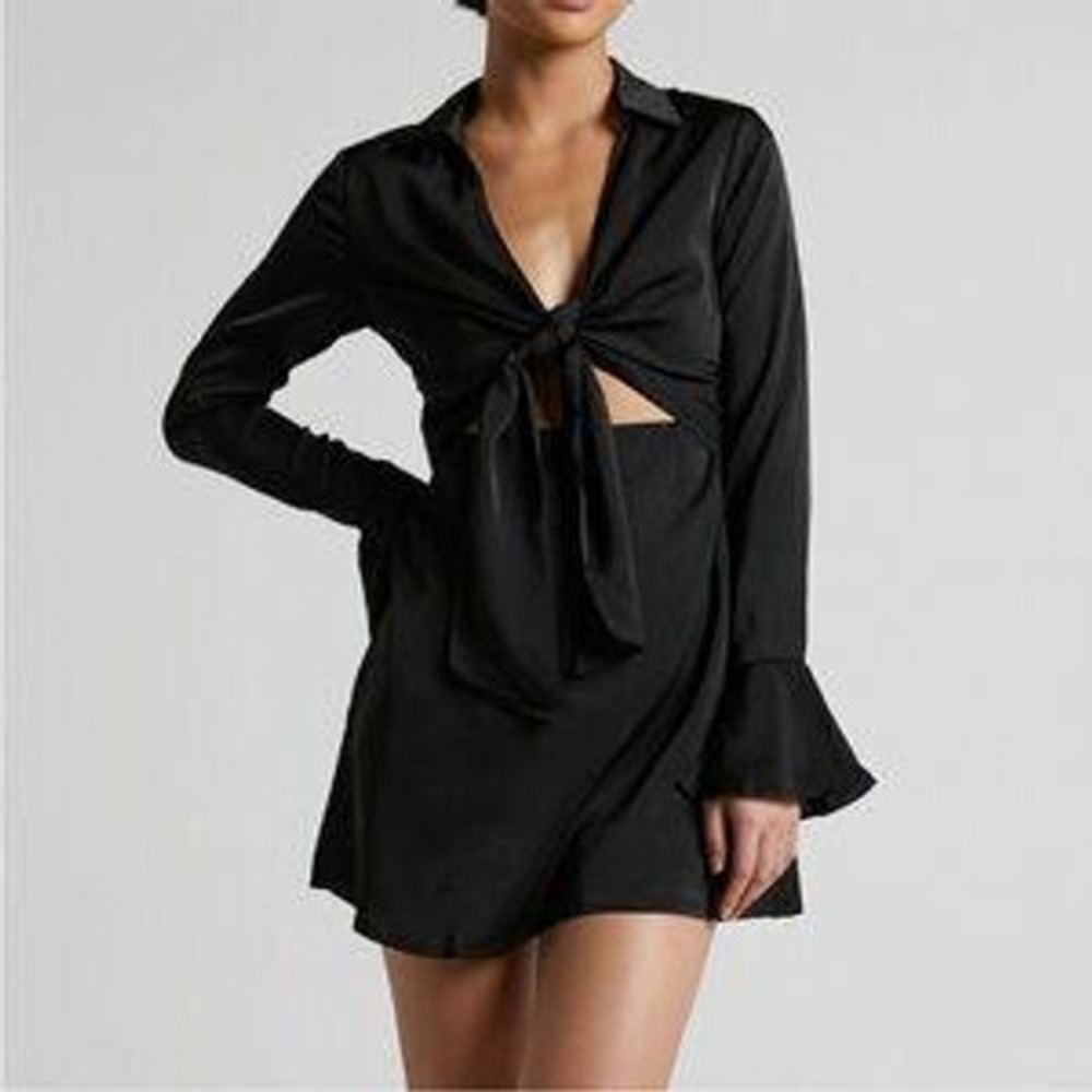 Spring + Mercer Black Satin Tie Front Cutout Mini Dress Long Sleeve Flared Cuff
